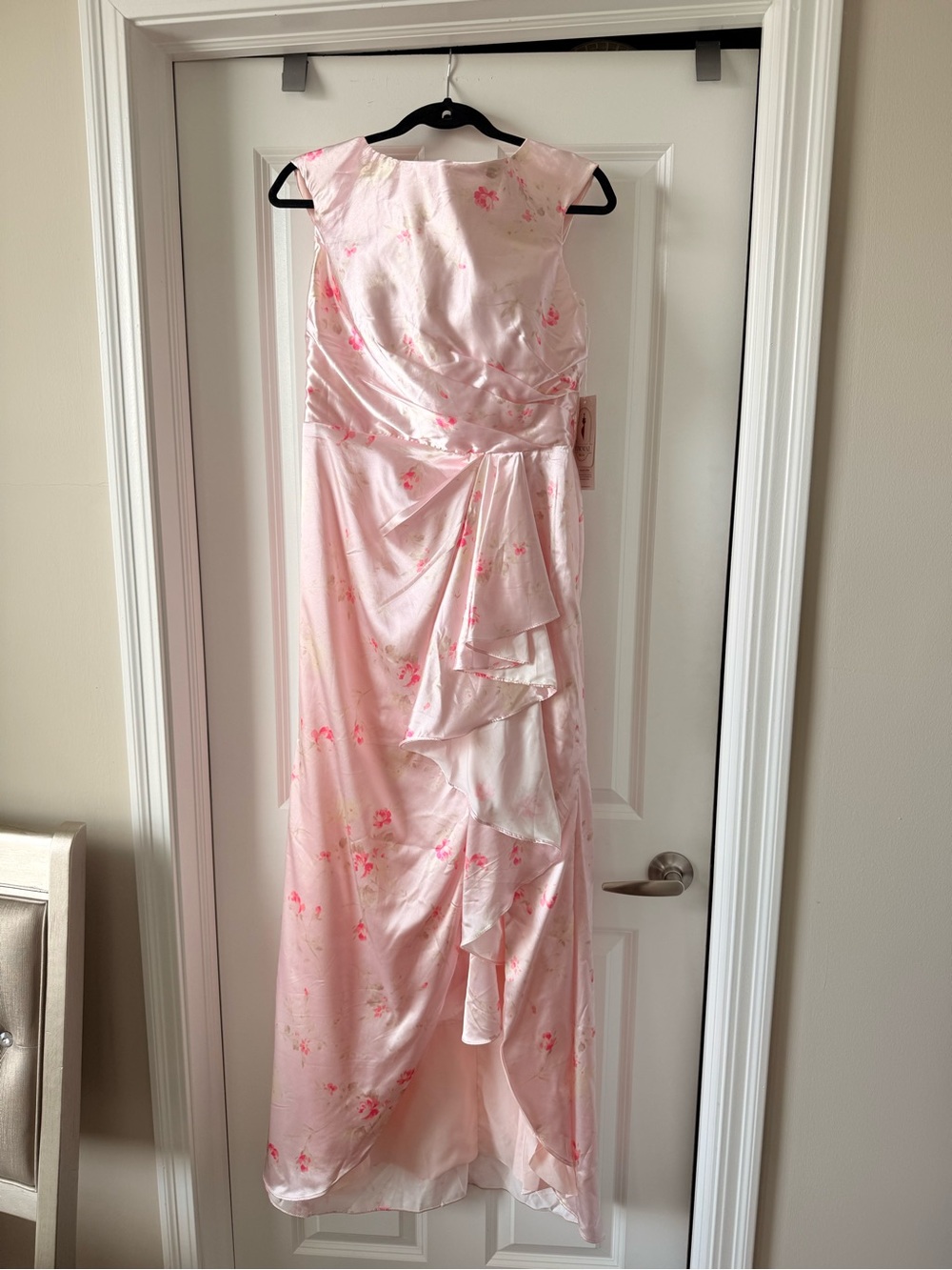 Pink Floral Satin Ruffled Evening Gown